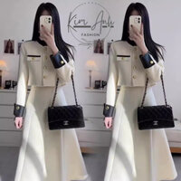 Set váy nữ - Váy dạ Quảng Châu, Áo khoác cổ tàu đính cúc đồng kèm chân váy xếp ly dáng xòe cực xinh mùa Thu Đông