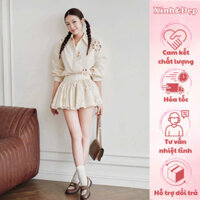Set váy nữ XINH_ĐẸP, áo sơ mi dài tay khoét hoa phối chân váy ngắn bồng xoè sang chảnh đi chơi đi du lịch BL2005