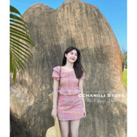 Set váy peplum kẻ hồng loang cổ vuông chân váy ngắn siêu đẹp