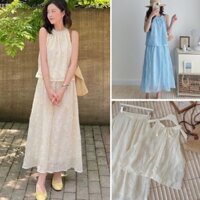 Set váy Quảng châu LOẠI 1 Áo cổ yếm cọc tay 3 lỗ thêu ren + chân váy mixi dài 2 lớp LACO246