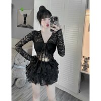 sét váy ren midi dáng xòe áo dài ta phối nơ sang chảnh ren đẹp pc