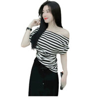 sét váy rời áo trẽ vai tà chéo thun tăm lạnh kẻ sọc ngang kèm chân váy dài maxi đen ls