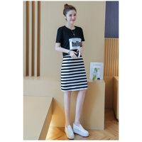 Set váy sát nách sọc ngang kèm áo phông trắng mặc ngoài QA24 - đen,m