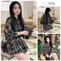 Set Váy Sơ Mi Cổ Tàu Kẻ Caro Kèm Dây Đai Dáng Bí Phồng Có Quần Bảo Hộ Rời Siêu Xinh DH STUDIO