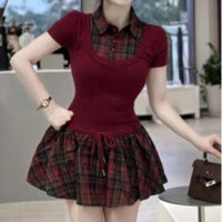 Set Váy Sơ Mi Kẻ Caro, Áo Nữ Ngắn Tay Mix Chân Váy Form Bí