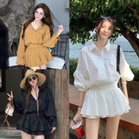 Set Váy Sơ Mi Tay Bồng Túi Vuông Kèm Chân Váy Xoè 2 Tầng Lưng Cao  Sơ Mi Dài Tay Form Rộng Hàn Quốc ulzzang, SUBA