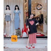 Sét váy sọc đỏ kemg áo thun khoét đen