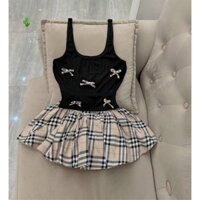 sét váy sọc midi xòe kèm áo hai dây đính nơ pc