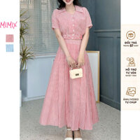 Set Váy Sọc MIMIX Áo Cổ Sơ Mi Bo Eo Mimix Chân Váy Dáng Dài Xòe 3 Màu Chất Cotton Kẻ Sọc FB4289
