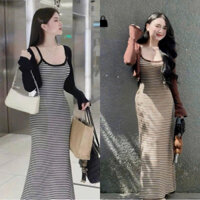 Set váy suông hai dây kẻ sọc và áo khoác ngoài nhẹ nhàng thanh lịch nữ tính - M83