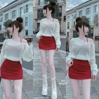 Set váy tăm body (có cúp ngực) kèm áo khoác lưới len sang chảnh với 2 màu sắc