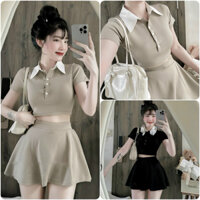 Sét Váy Tăm Hàn Áo Polo Cổ Đức Croptop + Chân Váy Xoè