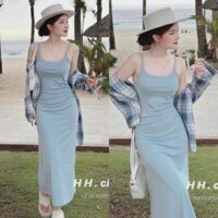 Set Váy Tăm Tàu 2 Dây Ôm Body Mix Áo Sơ Mi Đũi Kẻ Dài Tay Phối Màu Siêu Tôn Da (Ảnh Thật Trải Sàn) Lollaye