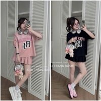 Sét váy tenis nữ, sét váy tăm lạnh áo from rộng tay lỡ viền kẻ đính nơ in chữ RIVER ISLAND mix chân váy ngắn xếp ly