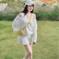 set váy thiết kế 3 món áo thun sát nách cotton, áo khoác nỉ, chân váy xếp ly có quần trong free size