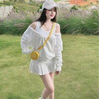 set váy thiết kế 3 món áo thun sát nách cotton, áo khoác nỉ, chân váy xếp ly có quần trong free size