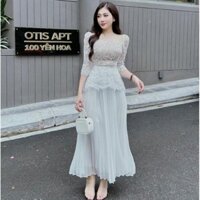 Set Váy Thiết Kế Áo Ren Công, Váy Dập Ly Tơ Quạt Xoè Rộng Sang Chảnh đi chơi đi làm đi tiệc