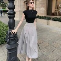 sét váy thiết kế áo tắm, chân váy lưng chun xòe có lót set váy sơ mi kẻ sọc đầm