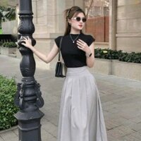 sét váy thiết kế áo tắm, chân váy lưng chun xòe có lót set váy sơ mi kẻ sọc đầm