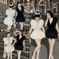 Set váy thiết kế áo voan cổ V bèo cánh tiên chạy smooking eo đính đá điểm nhấn thích hợp mặc đi tiệc