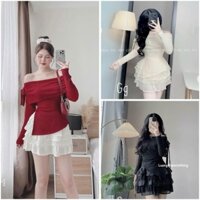 Set váy thiết kế bánh beo cho nàng chụp ảnh cực xinh, set áo trễ vai tay dài lệch tà xẻ hông đính bông phối váy tầng 2m