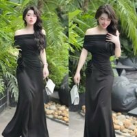 Sét váy thiết kế dự tiệc nữ sang chảnh, nhẹ nhàng sét áo trễ vai vạt xéo phối chân váy poly kết 2 hoa hồng dáng dài xòe