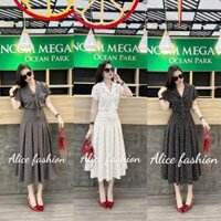Set vấy thiết kế kẻ sõ áo cổ vest phối cavat + chấn váy xòe nhún ly