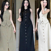 Sét Váy Thiết Kế Kiểu Áo Kiểu Vest, Sát nách Đính Nút, Chân Váy Dáng Dài, Tạo Dáng đẹp