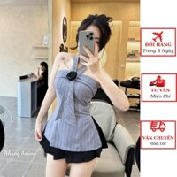 Sét váy thiết kế nữ, áo kẻ sọc cúp ngực cổ yếm đính hoa trà ôm body phối chân váy xếp ly tiểu thư