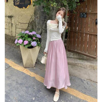 Sét váy thiết kế nữ, sét váy áo tăm lạnh tay dài cổ đỗ đính hoa hồng vạt xéo phối chân váy tơ 2 lớp dáng dài tiểu thư