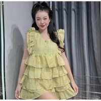 Sét váy thiết kế nữ, sét váy voan tơ tầng bèo áo cánh tiên đính nút bọc kèm chân váy tầng có 4 tone màu xinh xắn