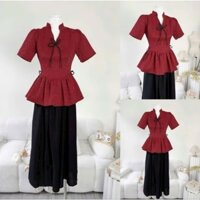 Sét váy thiết kế nữ truyền thống, sét áo xốp hoa đỏ dáng PEPLUM cổ trụ v đính nơ phối chân váy đen dáng dài thanh lịch