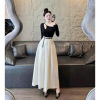 Set váy thiết kế thanh lịch, áo khoét vai tay dài phối chân váy xòe dài kèm nịch