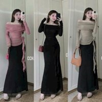 Sét váy thiết kế thời trang áo thun nhũ đính hoa hồng trễ vai tay dài phối chân váy đuôi cá chất poly