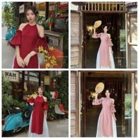 Sét váy thiết kế thời trang áo dài cổ yếm tay búp bê chất tuyết nhung phối chân váy tơ hai lớp dáng dài xoè duyên dáng