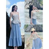 Set váy thiết kế thời trang nữ cho nàng di du lịch, đi biển siêu xinh, áo ống dáng peplum hoa nhí phối chân váy dài QC🌹