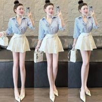 Set váy thiết kế thời trang nữ siêu xinh, dễ thương cho nàng dạo phố, set áo sơ mi sọc xanh đính hoa phối váy trắng+nịt