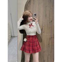 Set váy thiết kế thời trang nữ đi chơi chất tăm lạnh chân váy nỉ dạ cổ tròn kèm nơ tay dài chân váy dáng ngắn có lót