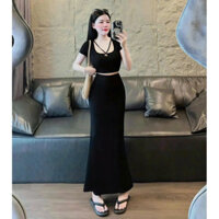 Set váy thiết kế thời trang nữ áo cổ vuông tay ngắn dây chéo phối chân váy ôm body đuôi cá tôn dáng cho nàng cực xinh ĐẦ