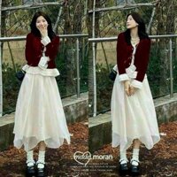 Set váy thiết kế tiểu thư nhẹ nhàng, tinh khôi 2 màu siêu xinh, set áo nhung tay dài bèo voan cài nút phối chân váy dài