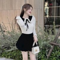 Sét váy thiết kế tiểu thư sang chảnh, sét áo len ren tay dài cổ bẻ phối đen viền bèo thắt dây nơ mix chân váy bí nhung