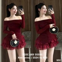 Sét váy thiết kế tiểu thư phong cách sang chảnh sét áo nhũ tay dài trễ vai vạt nhọn xéo phối chân váy tơ tầng ngắn lót