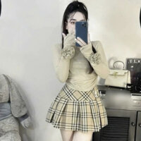 Set váy thiết kế tôn dáng, tôn da, áo cổ cao tay dài, đính hoa, chân váy xếp ly mix caro khóa kéo, lưng thun