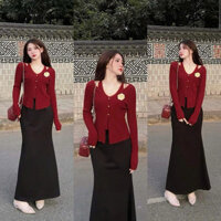 Set váy thiết kế tôn dáng, thanh lịch cho nàng dạo phố, set áo đỏ tay dài khoét vai kèm tag hoa phối chân váy đuôi cá