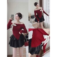 Set váy thời trang áo lệch vai đính nơ tay dài vạt nhọn vải thun gân co giản phối chân váy cotton lạnh dáng ngắn