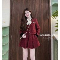 Set váy thời trang chất vải lenin chân váy xếp ly có lót áo dài tay cổ tròn gài nút kèm khăn cổ sang trọng