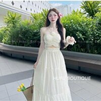 Sét váy thời trang chất voan cao cấp áo cột nơ đính bông mocking thân sau chân váy lưng thun dài maxi y hinh