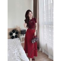 Sét váy thời trang công sở chất áp thun thêu cổ tròn tay ngắn kèm chân váy kaki lưng đính nút có túi dài maxxi kèm sxinh