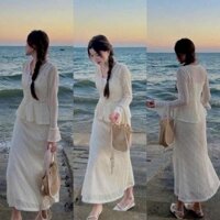 Set váy thời trang hot mùa hè vải ren cao cấp áo cổ V dài tay nút ngọc chân váy dáng dài lưng trơn