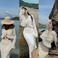 Sét váy thời trang mặc đi biển chất len ren thiết kế áo ngắn cổ tim phối bèo tay dài mix chân váy maxi đuôi cá sag chảnh